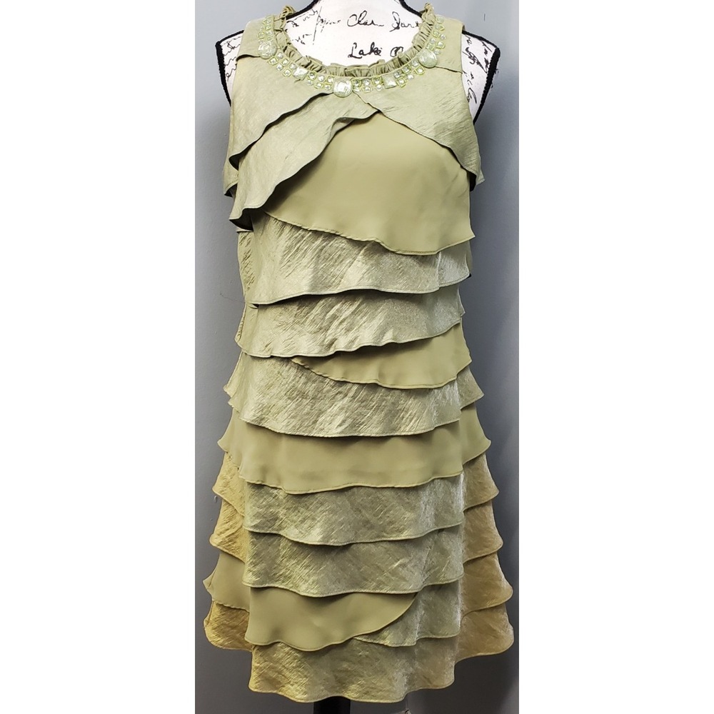 S.L. Fashions Tiered Dress‎ Womens 14 Green Ruffle Embellished Jewel Neck Detail